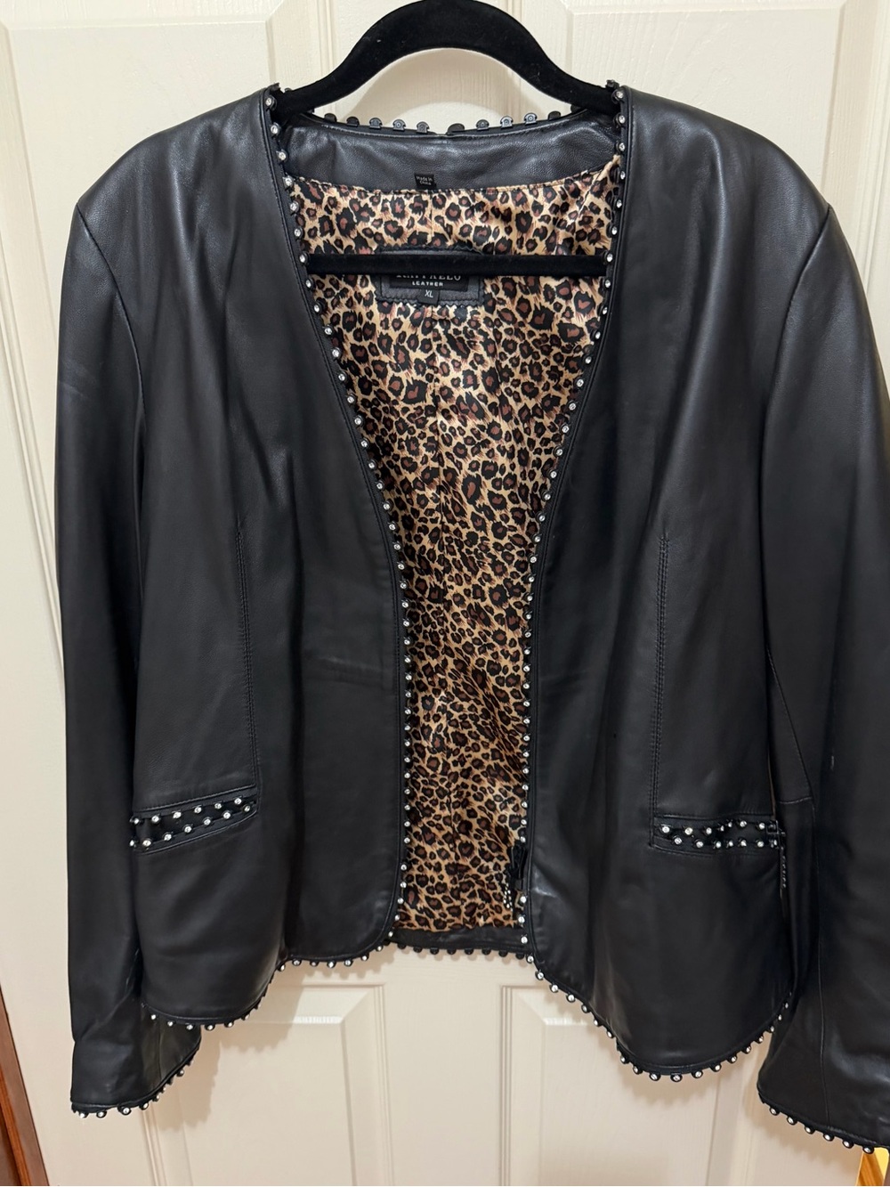 Black Leather Stud-Trim Jacket with Leopard-Print Lining